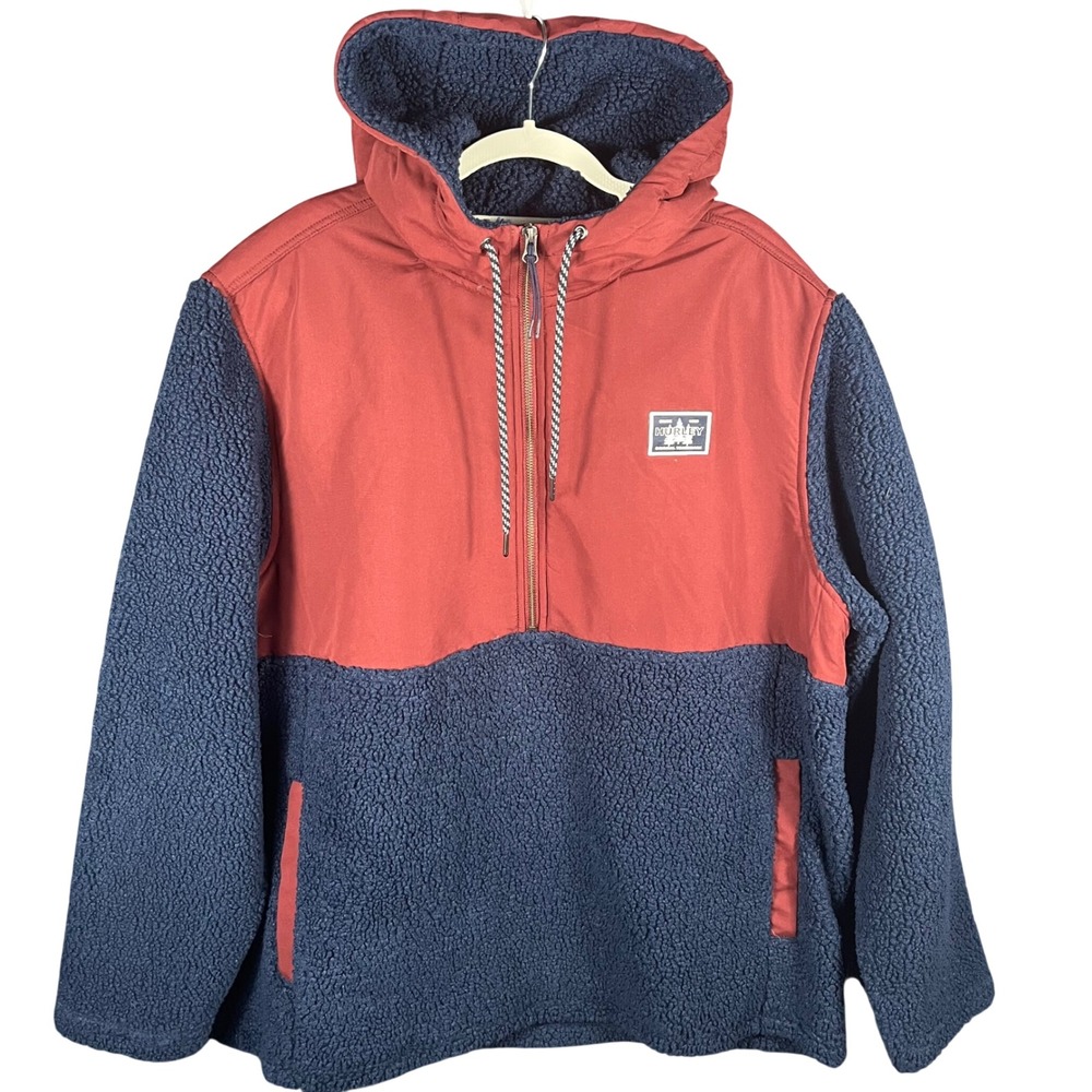 Hurley Sherpa Fleece Hoodie Mens XL Navy Red Colorblock Half Zip Pullover